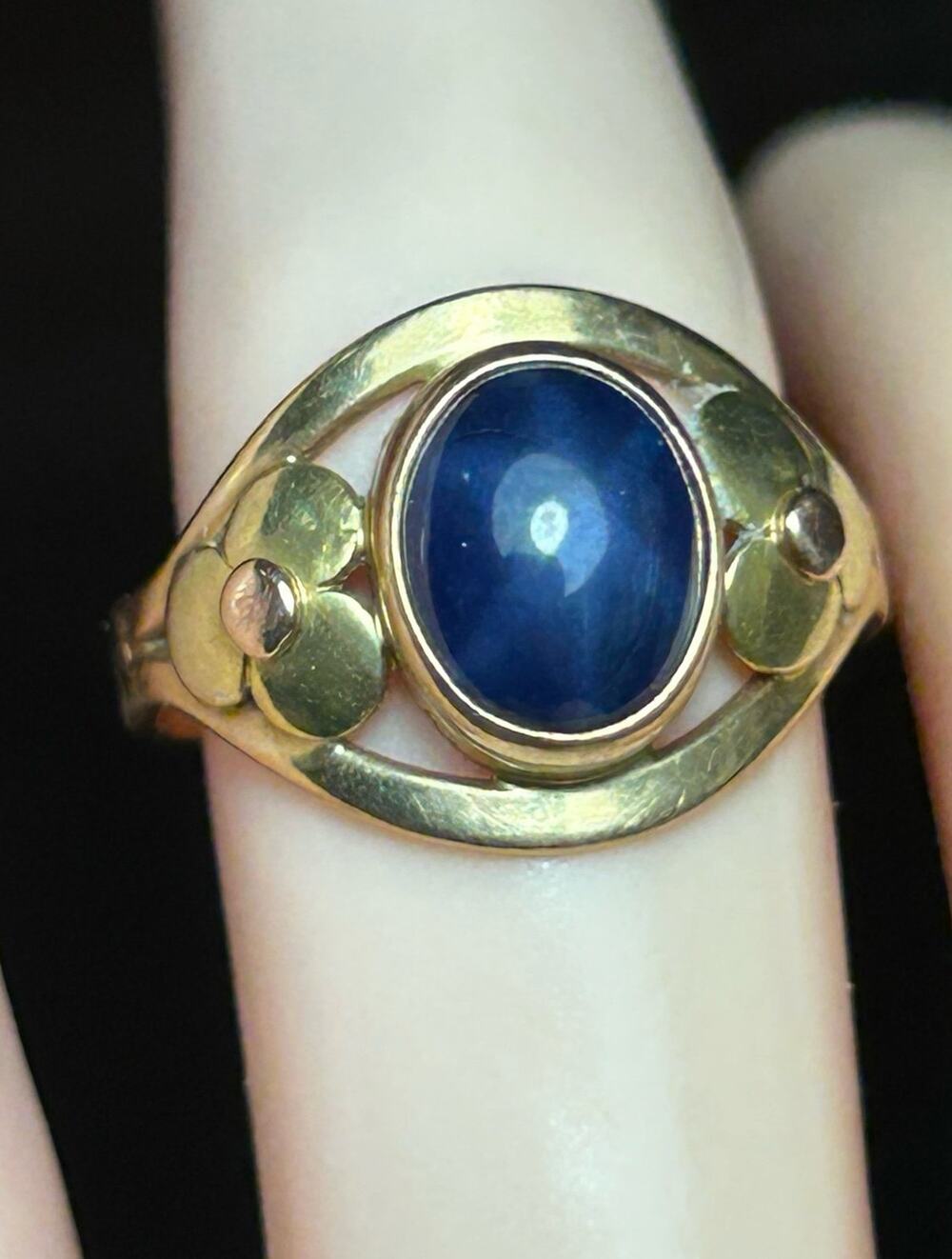 Vintage 14k solid yellow gold and rose gold blue star sapphire floral ring sz 6